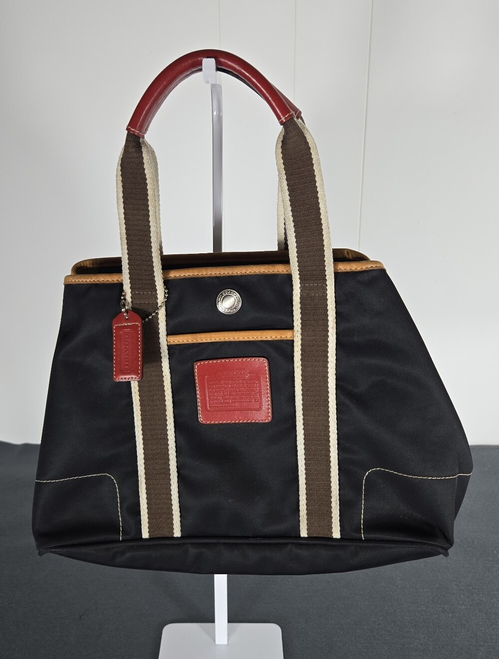 Coach Y2K Black Canvas Shoulder Bag with Red Leather Accents and Brown Straps